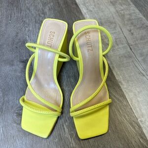 SCHUTZ Yellow Strappy Square Toe Wedge Sandals – Size 6.5B – Made in Brazil